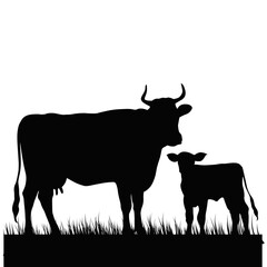 Silhouette of cow and calf standing on grass. Farm animal illustration. Agriculture symbol