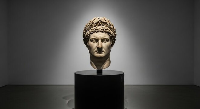 Bust of a man with a laurel wreath atop a round black pedestal in a grey room