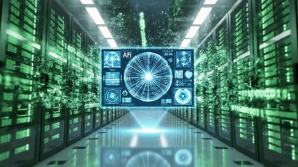 A server room with data visualization, glowing effects, and a futuristic, digital aesthetic - Powered by Adobe