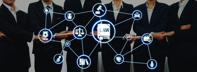 Law icons illustrate justice, court, and regulation system. Law represents fairness, law supports...