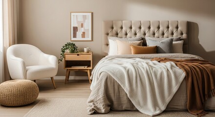 Fototapeta premium Cozy modern bedroom interior with beige tufted bed, plush pillows, armchair, and warm neutral decor