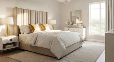 Modern luxury bedroom interior with beige upholstered bed, gold accents, large window, white furniture, and natural light