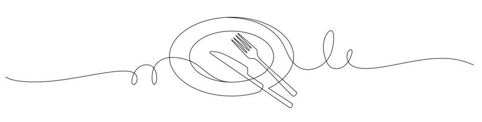 Continuous line art of a cutlery set consisting of an oval-shaped plate, knife, and fork with curved and twisting lines. This icon is for a restaurant sticker or banner. Vector illustration.