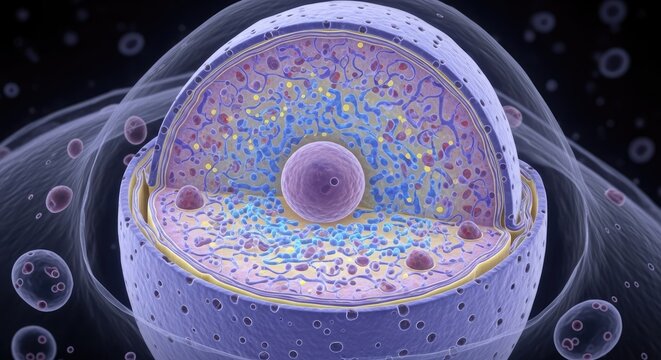Cross section of a human cell nucleus with nucleolus and pores