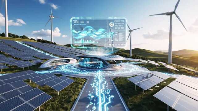 Futuristic rendering of a solar and wind energy farm with a tech hub and data display - Powered by Adobe