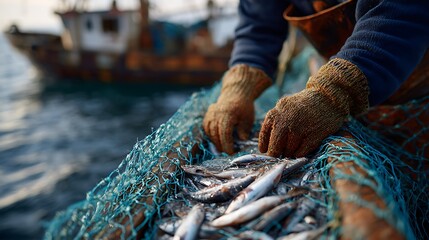 Obraz premium Fisherman Sorting Fresh Catch of Fish on Boat with Fishing Net