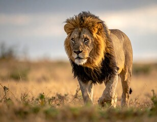 Majestic male feline walking through golden African savanna