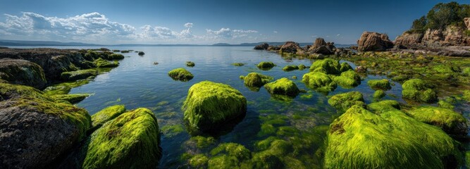 Coastal rocks covered in green algae