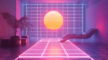 A room with a neon sign that says "sun" and a bed with a pillow. There is a plant in the room