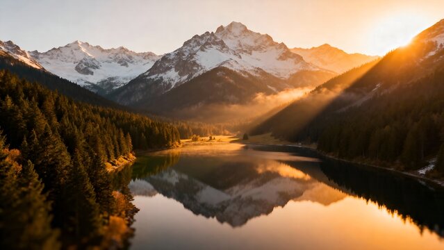 Majestic Alps Reflecting Golden Sunrise Light in Calm Alpine Lake
