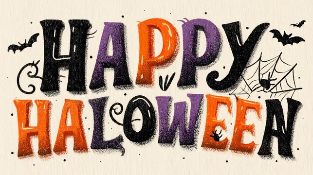 Festive Happy Halloween hand drawn lettering with bats, spider webs, spooky orange and purple text illustration