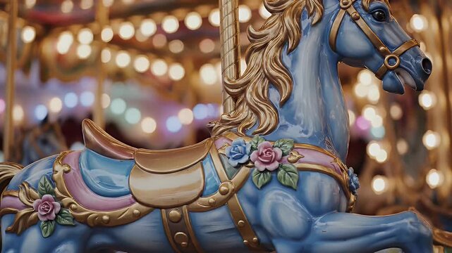 Close Up of Blue Carousel Horse with Gold Accents and Decorative Flowers Against Blurred Background of Lights