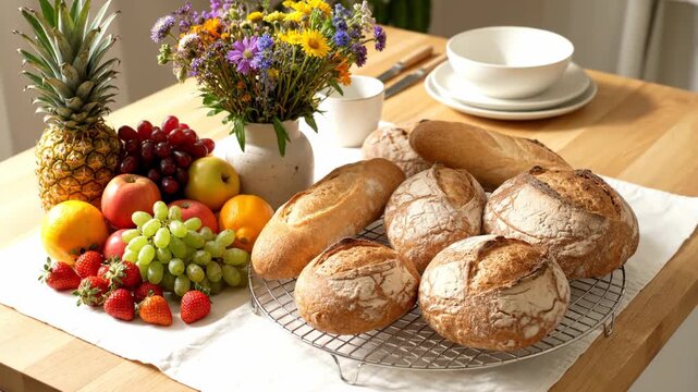 Freshly baked bread and ripe fruits arranged on a wooden table with flowers in a vase