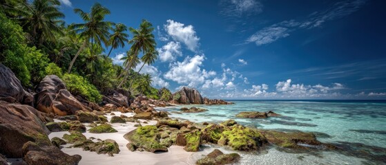 Obraz premium Tropical beach scene with rocks and palm trees