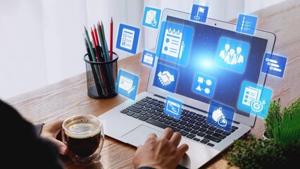 Concept of task management optimizes business efficiency. This system streamlines workflows,...