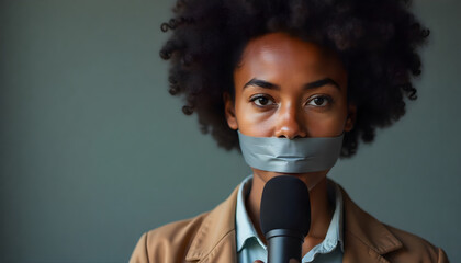 Concept image of a female journalist with tape over her mouth, holding a microphone, symbolizing censorship and lack of freedom of speech. The serious expression highlights the issue of silenced voice
