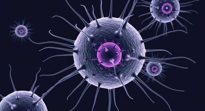 Microscopic view of virus particles with spiky outer shells