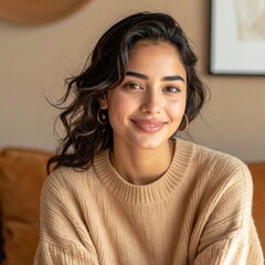 マットなトープカラーの壁とミニマルな装飾が映える、温かみのある現代的な室内ポートレート。
キャメル色のセーターと繊細なジュエリーを身につけた中東系の若い女性が穏やかに微笑む。