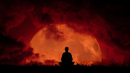 Fototapeta premium Silhouette of person meditating against a massive orange celestial body surrounded by dark clouds
