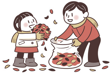 Father and daughter collecting fallen leaves into a trash bag / 落ち葉をゴミ袋に集める父と娘