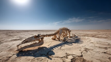 Fototapeta premium Vertebrate skeleton lies exposed on sunbaked, cracked earth beneath a bright sky