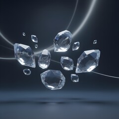 Composici&oacute;n 3D de cristales transl&uacute;cidos y luces suaves, fondo elegante y abstracto, tonos fr&iacute;os