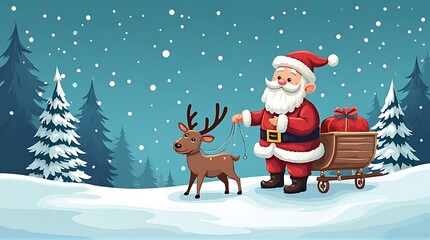 Santa Claus, in his red suit, guides a reindeer pulling a sleigh through a snowy landscape.