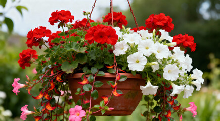 Closeup of hanging red and white fuchsia flowers potted plant basket at porch of home house building blurry background