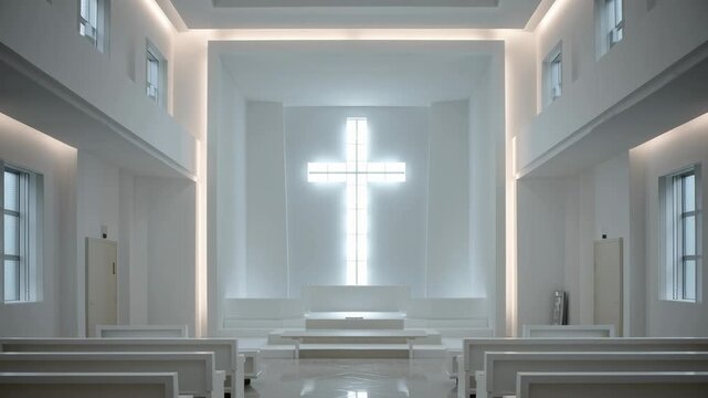 Modern Church Interior with Illuminated Cross and White Pews