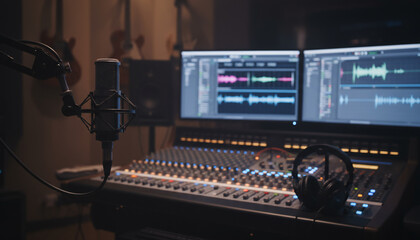 Recording Studio Professional Audio Mixing Console Digital Sound Production Setup Modern Dark Atmosphere