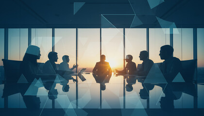 Business Meeting Team Collaboration In Modern Office With Sunset View And Digital Overlay