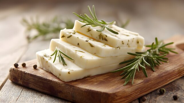 Slices of seasoned white cheese stacked on a wooden cutting board with fresh herb garnish.