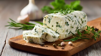 Herbaceous compound butter loaf rests sliced upon a wooden serving board near fresh aromatics