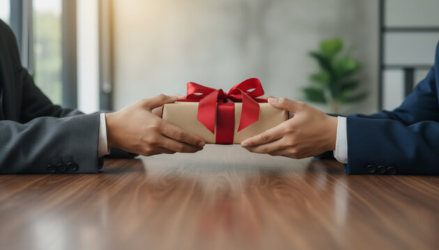 Business Gift Exchange Between Two Professionals In A Corporate Office Setting