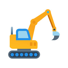 Cartoon excavator on black background, flat design illustration