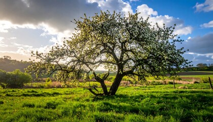 A wide shot of a flowering tree in a lush green meadow, bathed in sunlight with a backdrop of rolling hills and a cloudy sky