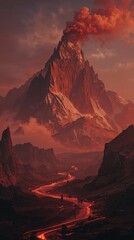 A stunning volcano erupts, releasing fiery lava that flows down its sides. The surrounding landscape features rocky mountains under a smoky sky, creating a dramatic scene at sunset.