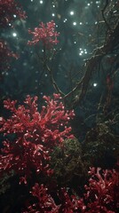 Bright red coral thrives in the dark depths of the ocean, surrounded by shadows and glimmering particles of light. The underwater landscape is serene and captivating.
