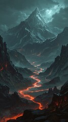 A breathtaking view of a volcanic landscape shows a bright lava river flowing through dark, jagged mountains under a moody sky at dusk. The scene captures nature's raw power.