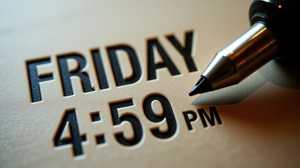 The word Friday is seen on a planner, along with the time 4 59 PM. A pen rests beside the words, ready to mark the date and time.