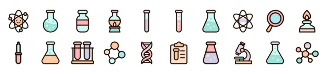 Flat Cute Science Laboratory Project Illustration with Molecules, Chemical Formula, DNA Helix, Atomic Structure, Lab Flasks, Experiment Tools, Research Equipment, Chemistry Education Concept for Kids