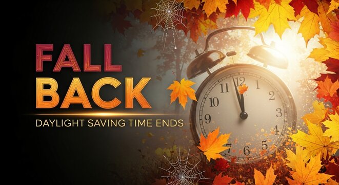 Fall Back Daylight Saving Time Ends Autumn Clock Change Reminder & Seasonal Leaves Graphic - Powered by Adobe