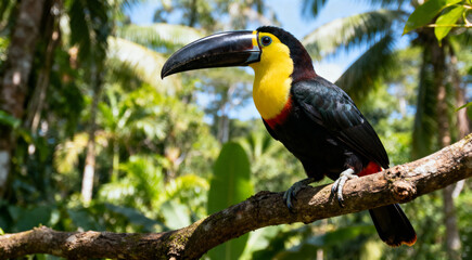 Toucan tropical exotic bird from the rainforest with its iconic yellow black beak sitting on the branch of a tree surrounded by greenery