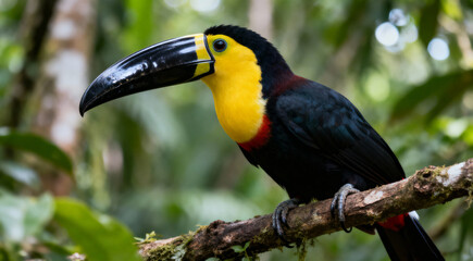 Toucan tropical exotic bird from the rainforest with its iconic yellow black beak sitting on the branch of a tree surrounded by greenery