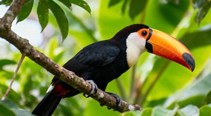 Toucan tropical exotic bird from the rainforest with its iconic yellow orange beak sitting on the branch of a tree surrounded by greenery © Arham Ahmed