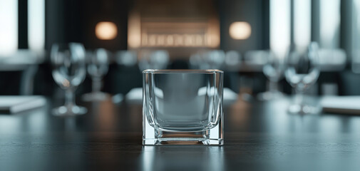 Square glass tumbler on dark wooden table in elegant restaurant interior with soft bokeh lights and glassware creating calm atmospheric mood