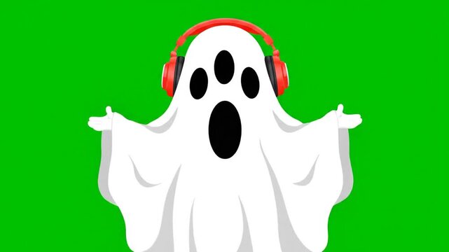 Cheerful Ghost with Headphones on Green Screen, Music Concept