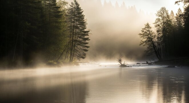 Misty morning light illuminates a serene river flowing through a dense evergreen forest landscape