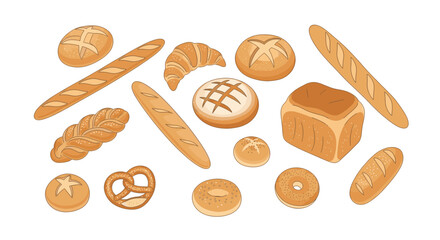 A collection of various baked goods, including bread, croissants, and pretzels, isolated on a