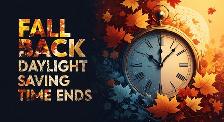 Fall Back Daylight Saving Time Ends Reminder Pocket Watch Autumn Leaves November Change Clock